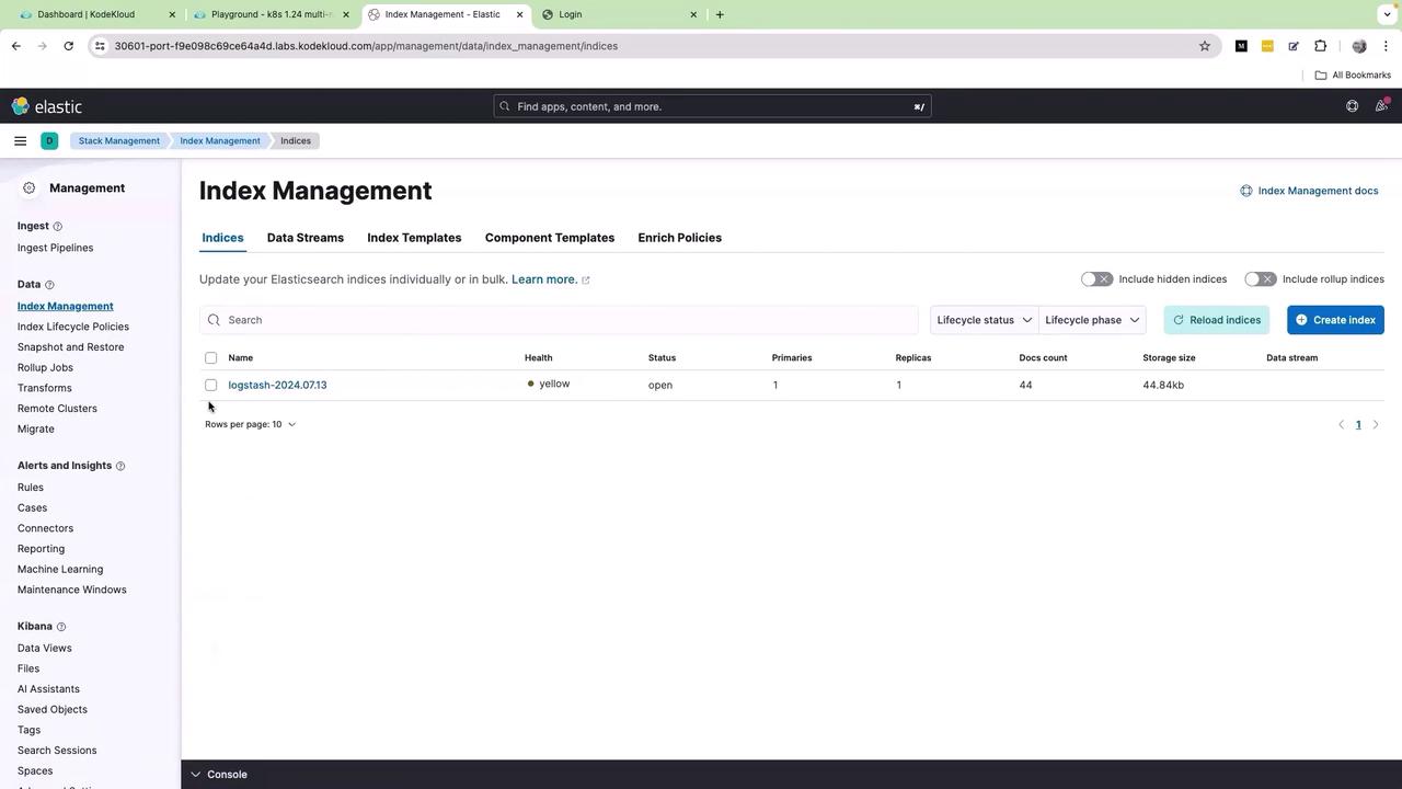 The image shows the "Index Management" section of an Elastic interface, displaying details of an index named "logstash-2024.07.13" with its health status, number of primaries, replicas, document count, and storage size.