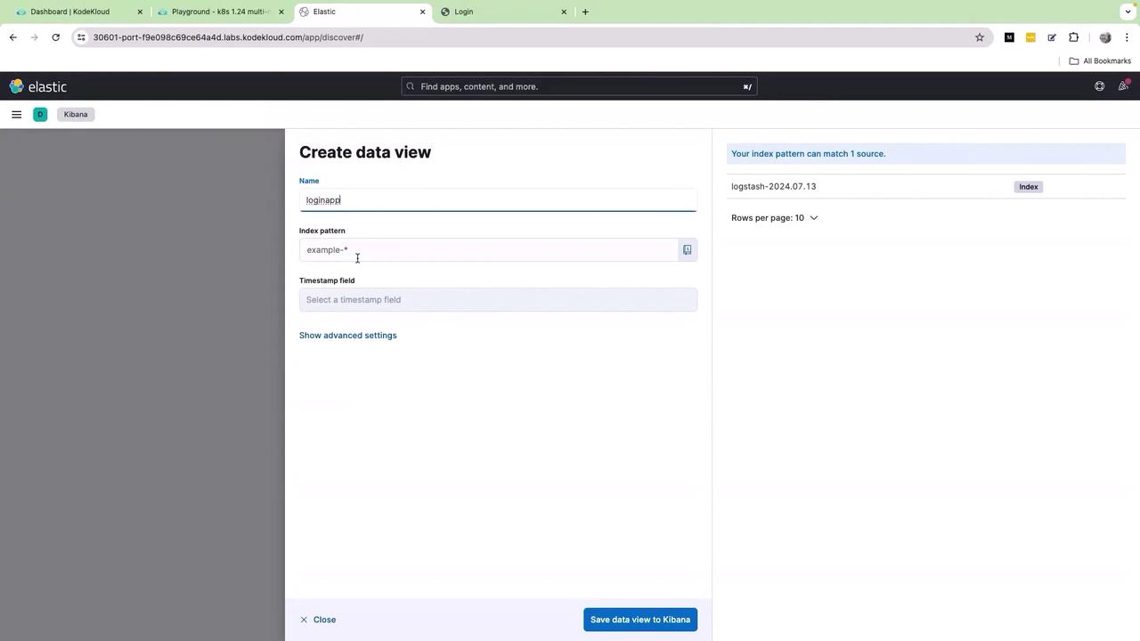 The image shows a Kibana interface where a user is creating a data view, with fields for the name, index pattern, and timestamp field.
