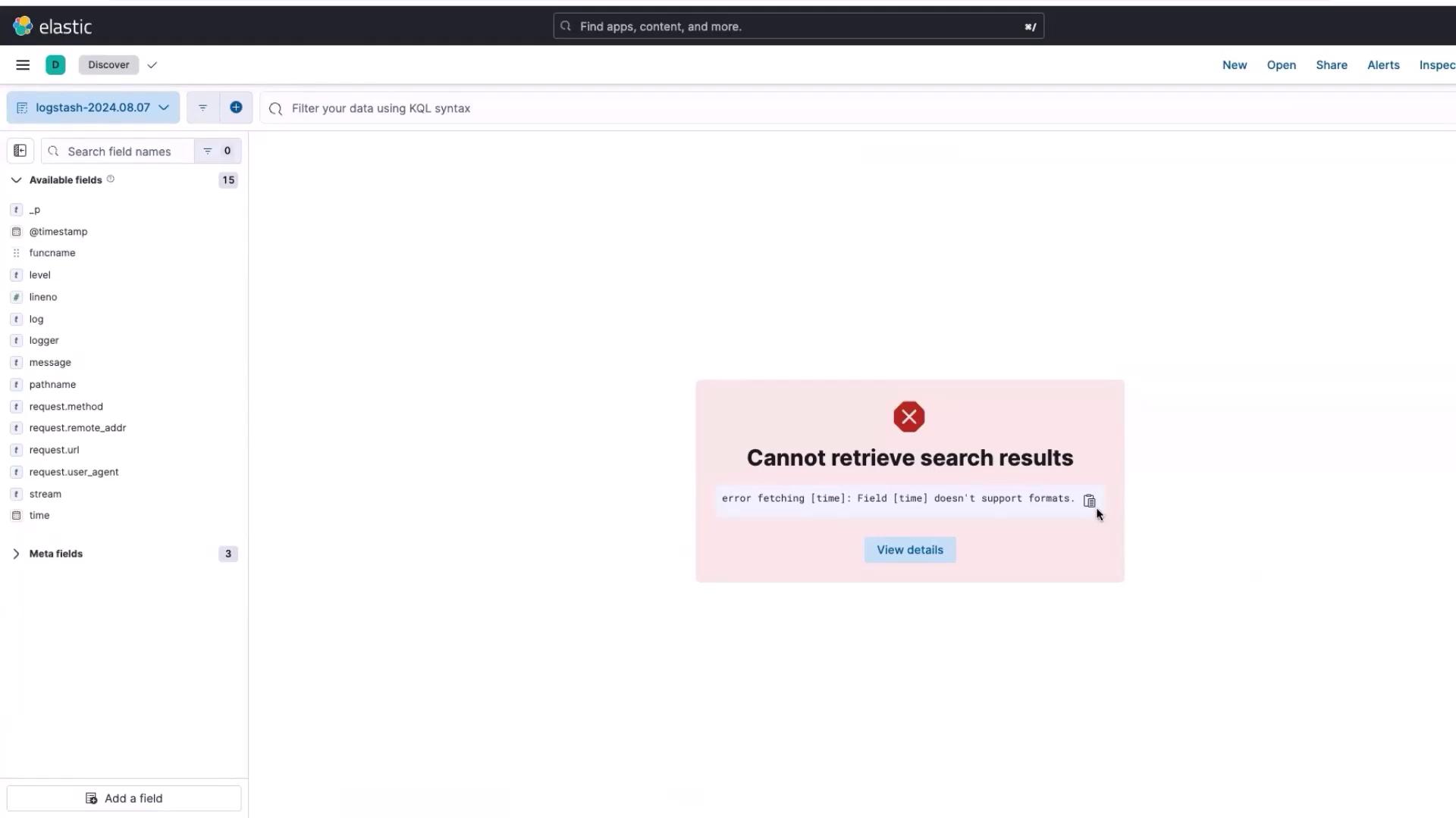 The image shows an Elastic search interface with an error message stating "Cannot retrieve search results" due to a field format issue.