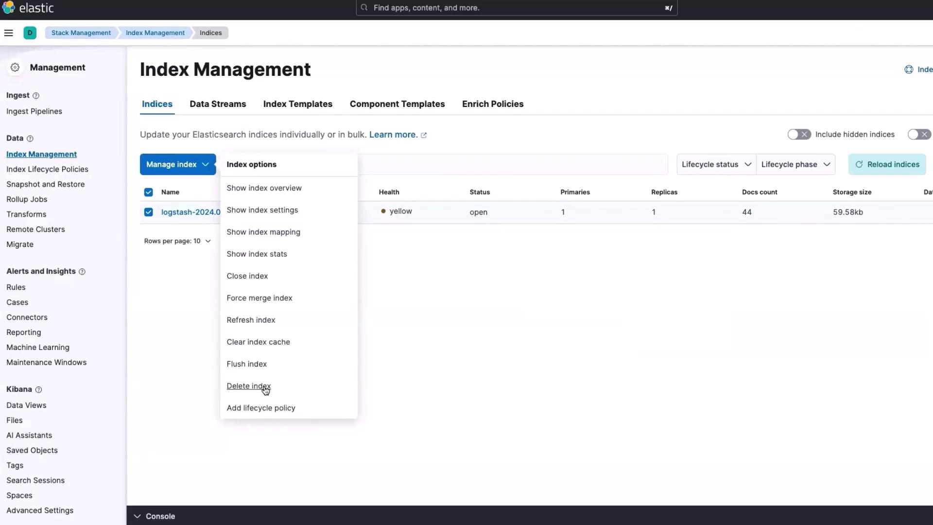 The image shows the "Index Management" section of an Elasticsearch interface, displaying options for managing indices, including settings and actions like closing or deleting an index.