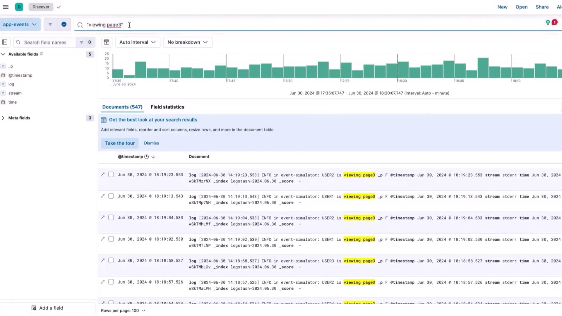 The image shows a data analytics dashboard with a search query for "viewing page3," displaying a bar graph and a list of log entries highlighting user activity related to viewing a specific page.