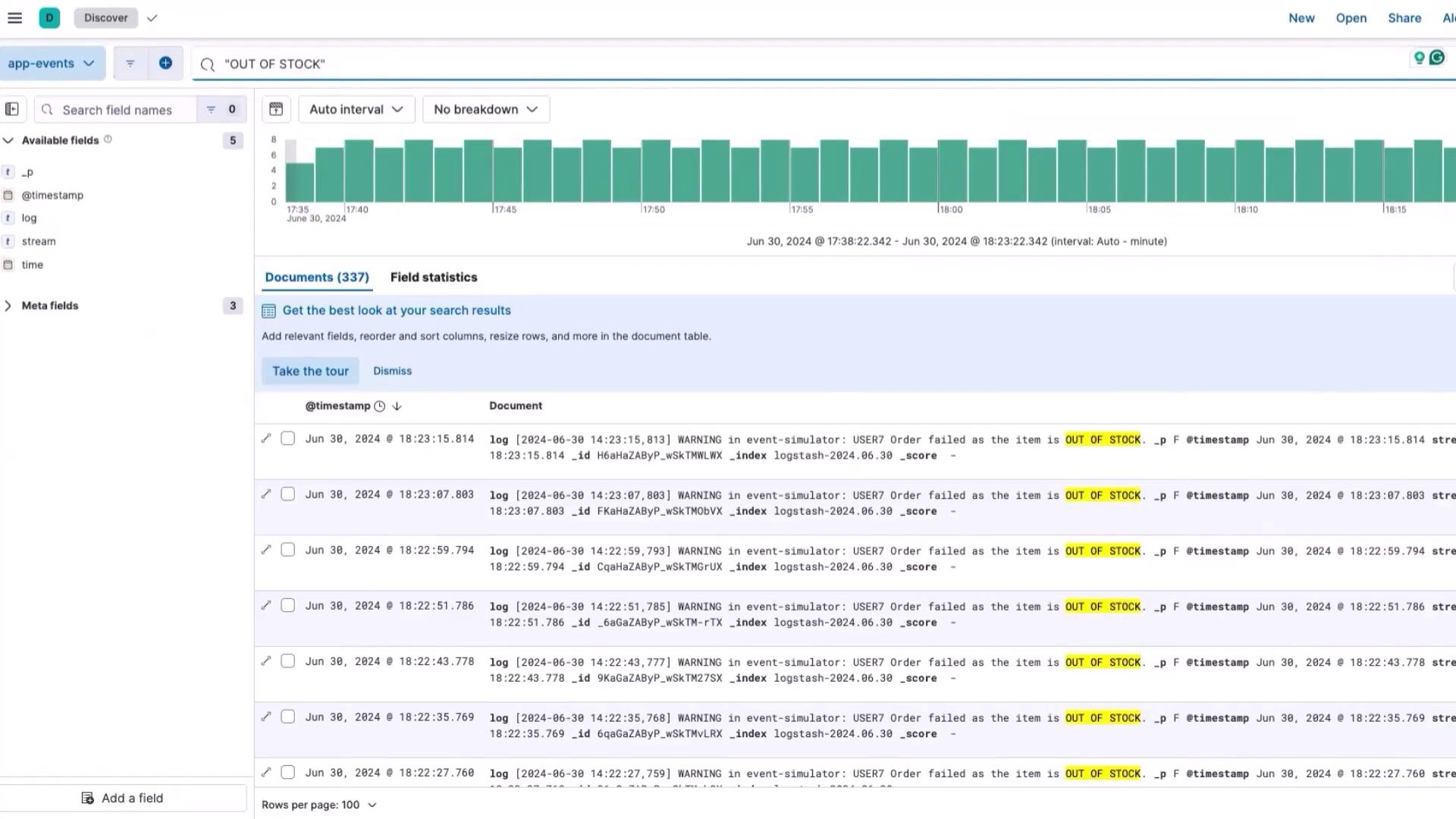 The image shows a data dashboard with a bar graph and a list of log entries highlighting "OUT OF STOCK" warnings for orders.