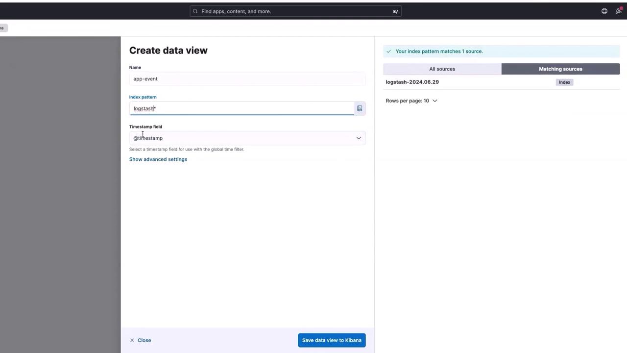 The image shows a "Create data view" interface in Kibana, where a user is setting up an index pattern and timestamp field for a data view named "app-event."