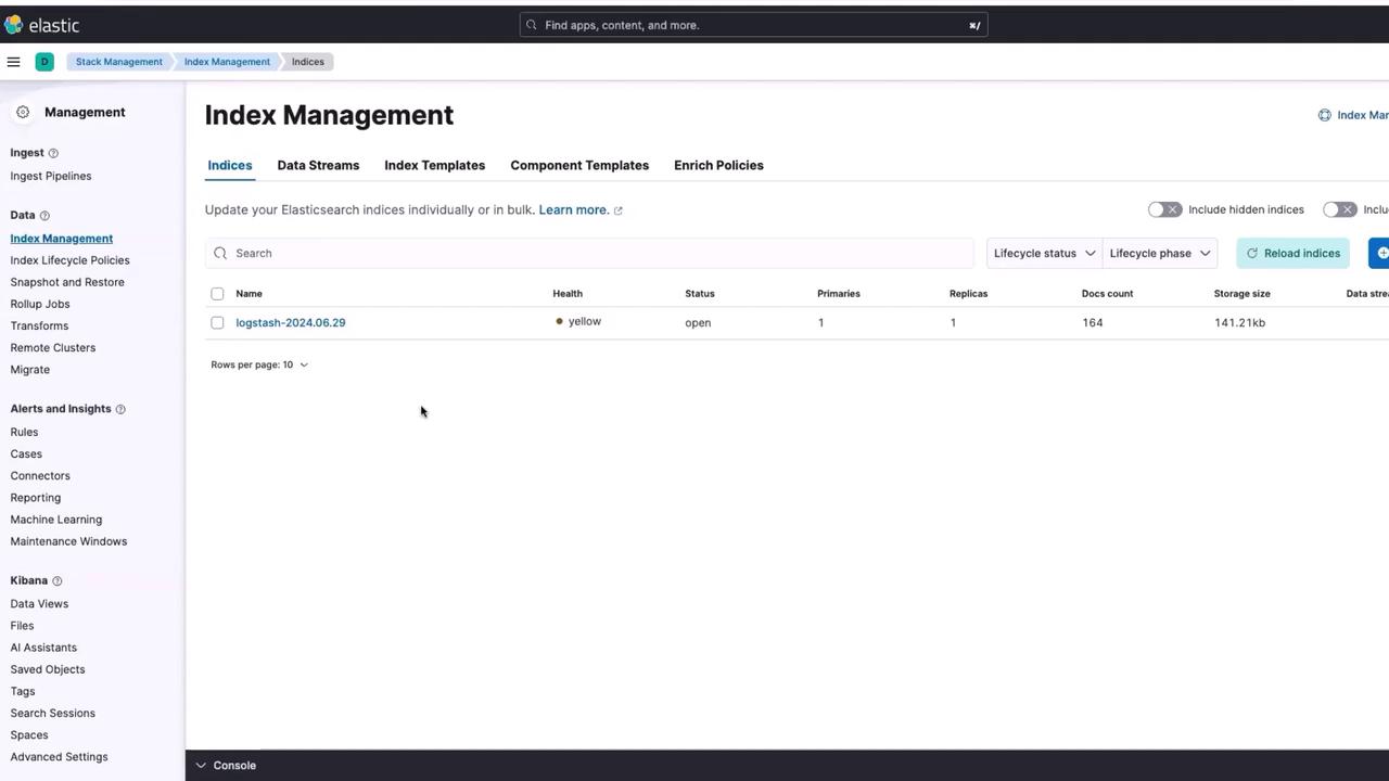 The image shows the "Index Management" section of an Elastic interface, displaying details of an index named "logstash-2024.06-29" with its health status, document count, and storage size.