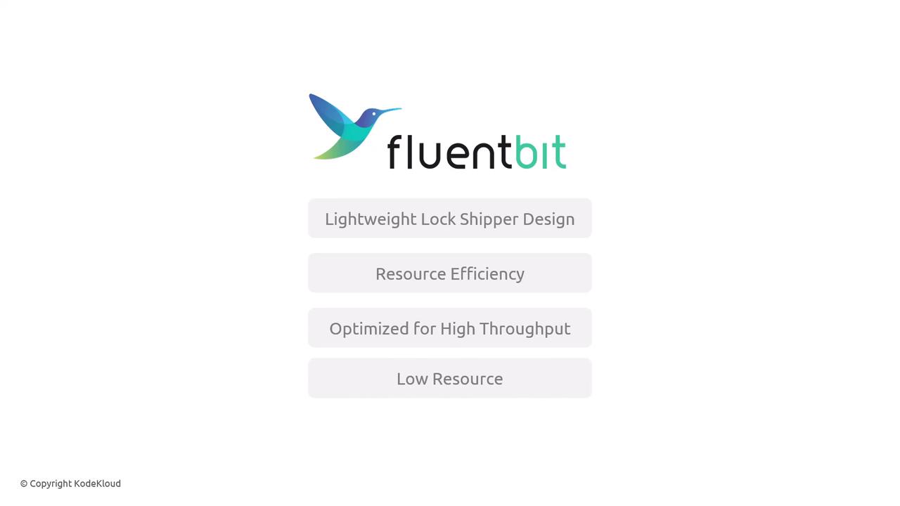 The image features the Fluent Bit logo with a colorful bird design, accompanied by text highlighting its features: "Lightweight Lock Shipper Design," "Resource Efficiency," "Optimized for High Throughput," and "Low Resource."