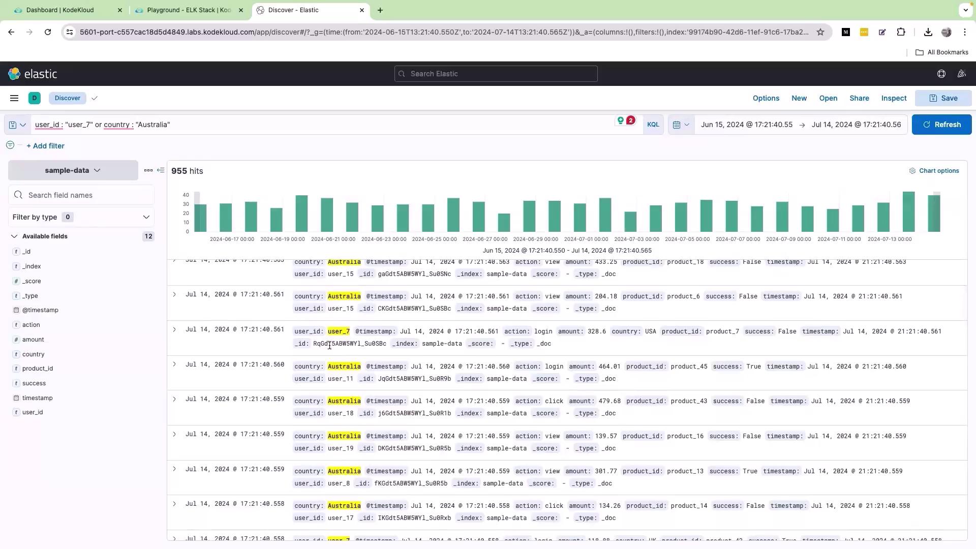 The image shows a dashboard from Elastic displaying a bar chart and a list of data entries filtered by user ID and country, with details like timestamps, actions, and success status.