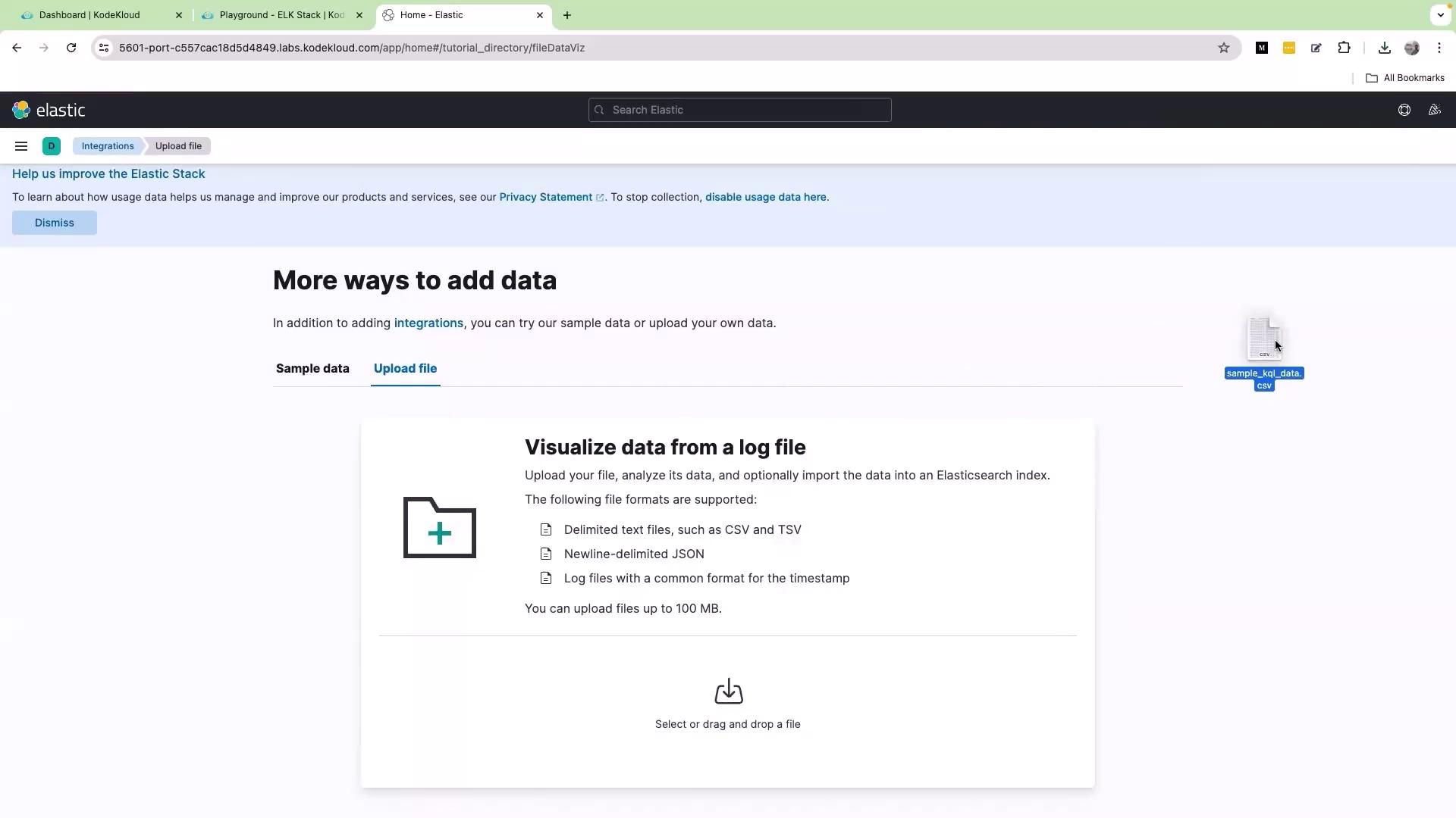 The image shows a webpage from Elastic, offering options to add data by uploading files, with a focus on visualizing data from log files. A CSV file named "sample_kql_data.csv" is shown being dragged for upload.