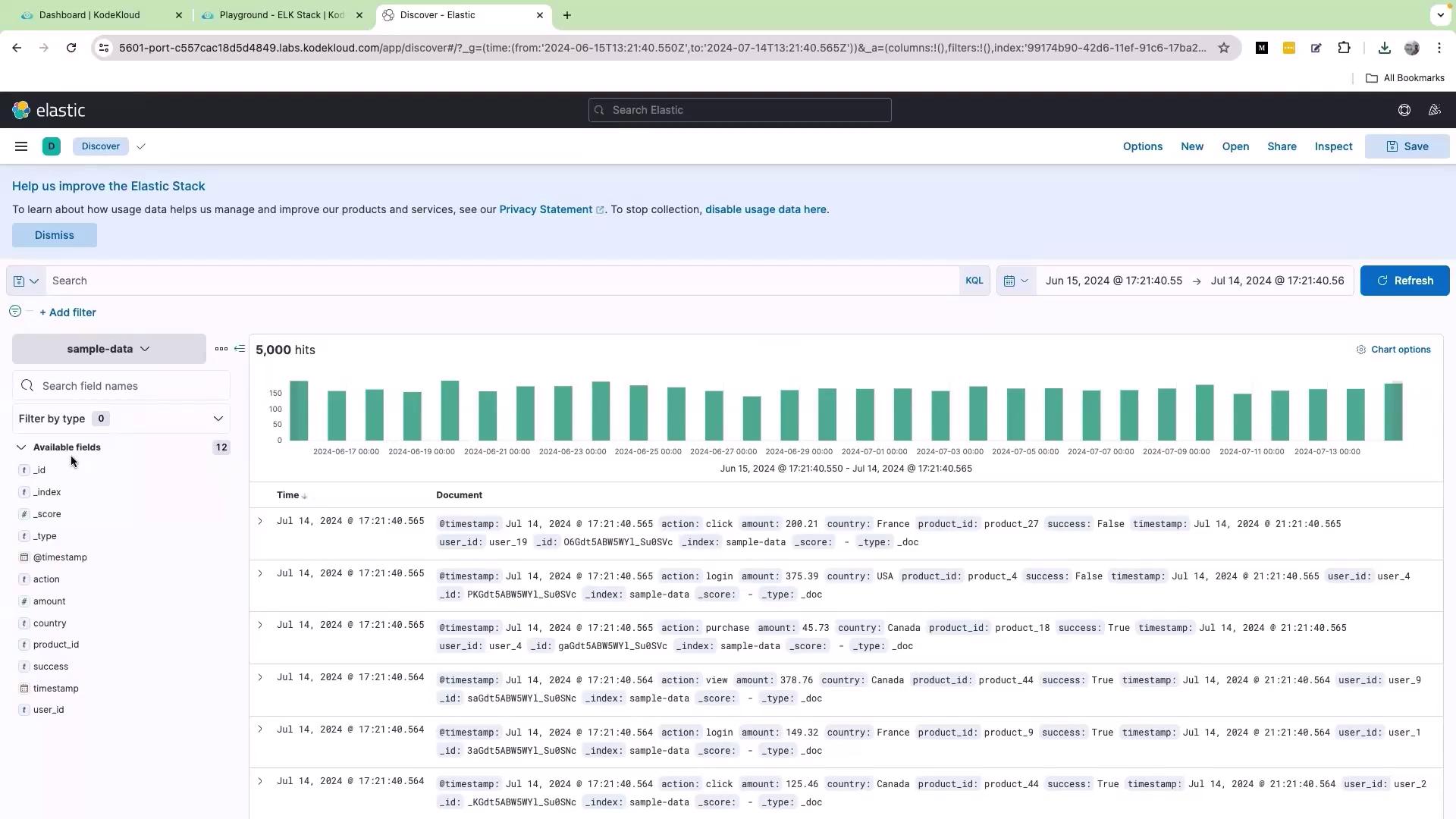 The image shows an Elastic Stack dashboard displaying a bar chart of data hits over time and a table with detailed document entries, including fields like timestamp, action, amount, and country.