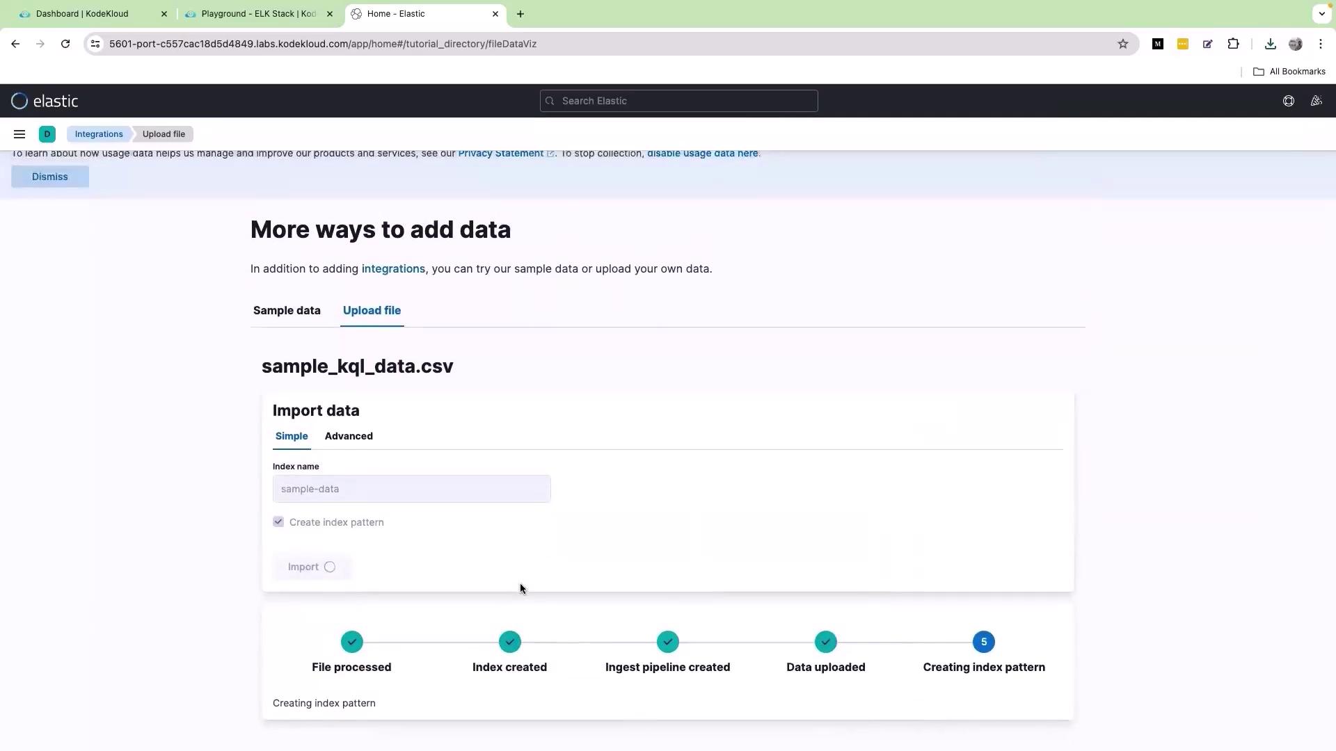 The image shows a web interface for Elastic, where a CSV file named "sample_kql_data.csv" is being uploaded and processed, with steps indicating file processing, index creation, and data upload.