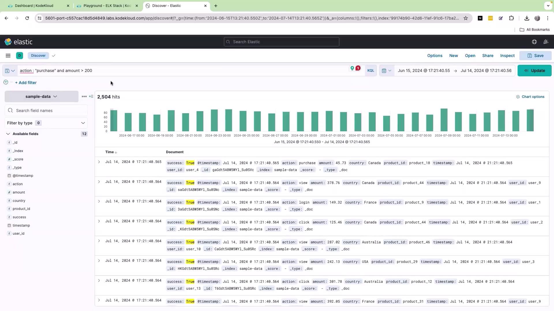 The image shows an ElasticSearch dashboard displaying a data query with a histogram and a list of documents filtered by specific criteria, such as "purchase" actions with amounts greater than 200.