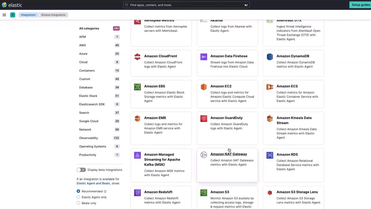The image shows a webpage from Elastic, displaying a list of integrations for various Amazon Web Services (AWS) and other categories. The left sidebar lists categories, while the main section shows specific AWS services with descriptions.