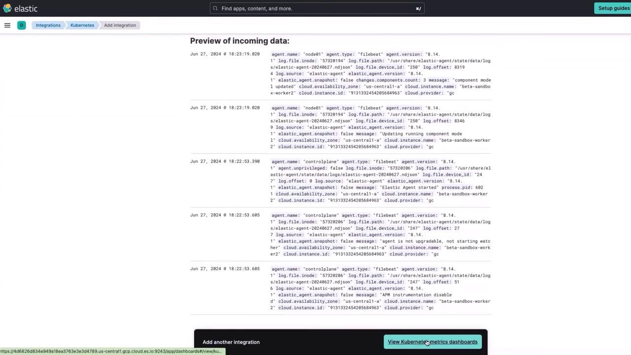 The image shows a preview of incoming data logs in an Elastic interface, detailing various agent activities and configurations. It includes timestamps, agent names, types, versions, and cloud instance information.