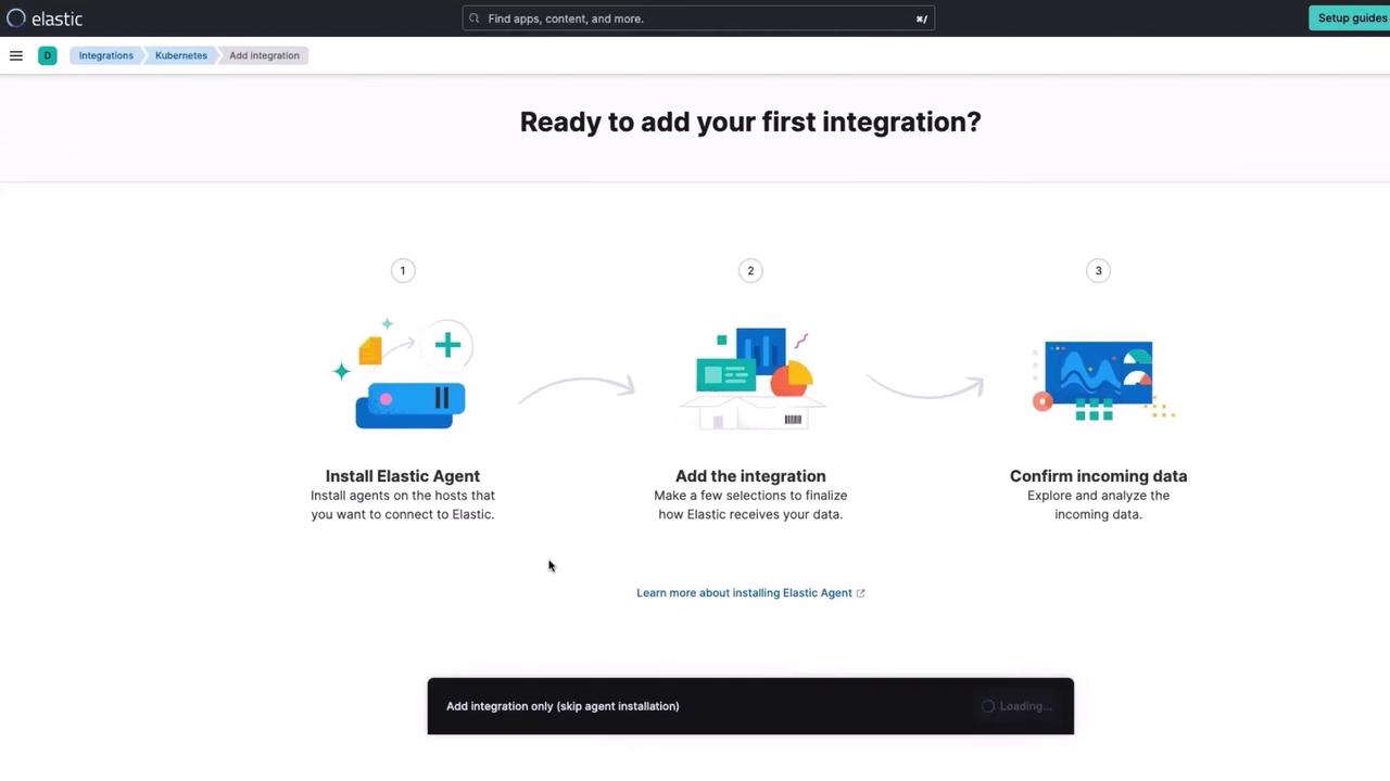 The image is a guide for adding an integration in Elastic, showing three steps: installing the Elastic Agent, adding the integration, and confirming incoming data.