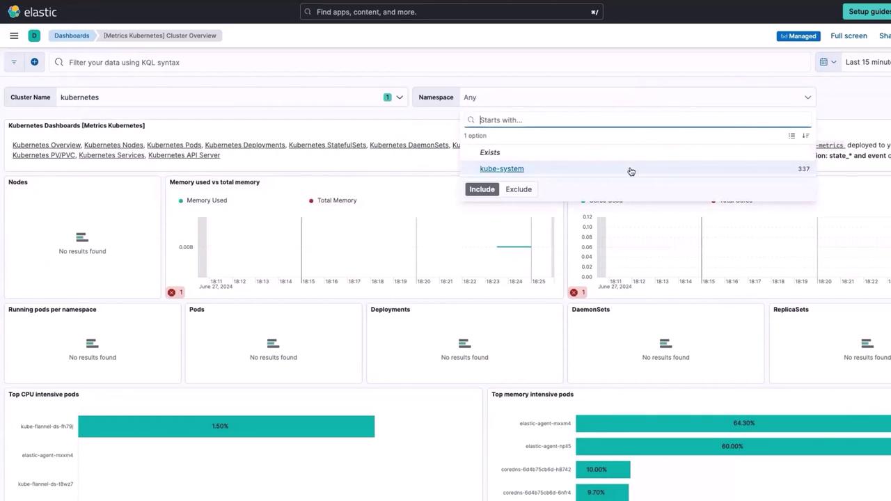 The image shows a dashboard from Elastic displaying Kubernetes metrics, including memory usage and pod information, with a filter option for namespaces.