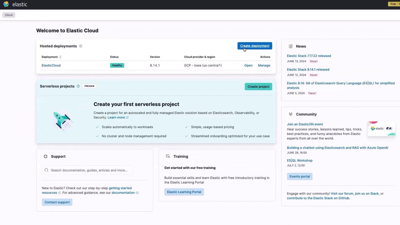 The image shows a dashboard for Elastic Cloud, featuring options for creating deployments, serverless projects, and accessing support, training, news, and community events.