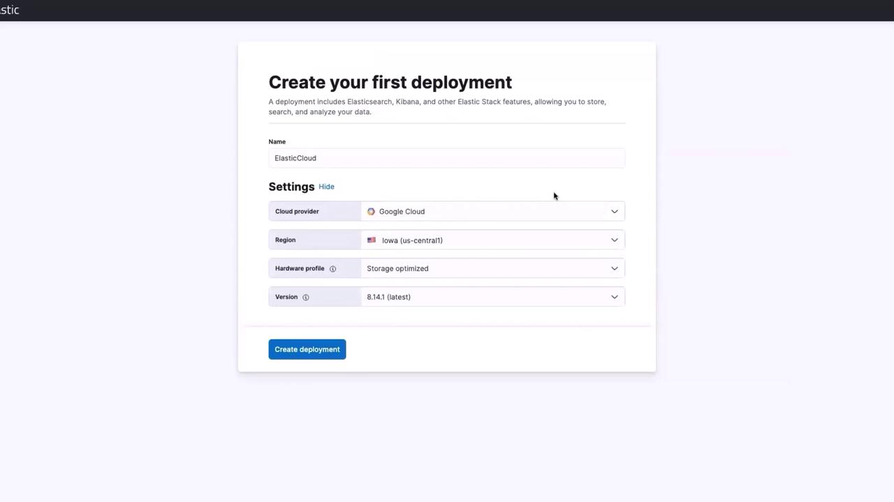The image shows a web interface for creating a deployment on Elastic Cloud, with options to select the cloud provider, region, hardware profile, and version.