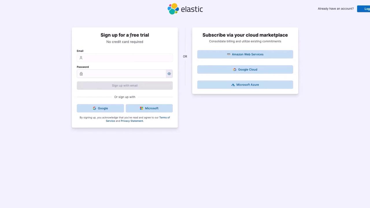 The image shows a sign-up page for a free trial of Elastic, with options to sign up via email or through cloud marketplaces like Amazon Web Services, Google Cloud, and Microsoft Azure.