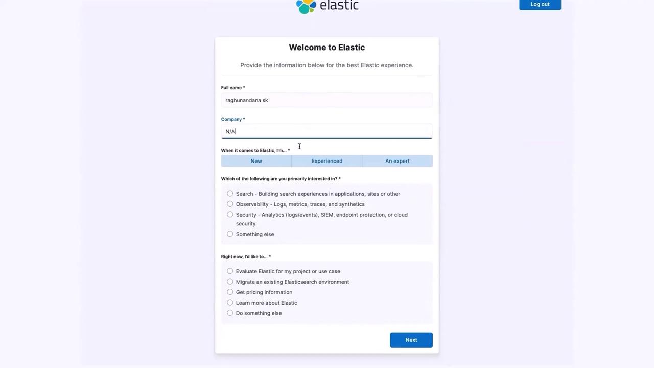The image shows a registration form for Elastic, asking for user information such as full name, company, experience level, and areas of interest. There are options to select interests and actions related to Elastic services.
