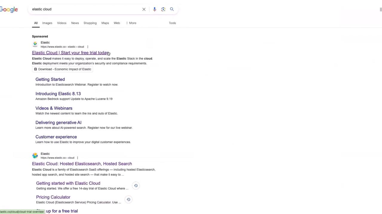 The image shows a Google search results page for "elastic cloud," featuring sponsored links and information about Elastic Cloud services and webinars.