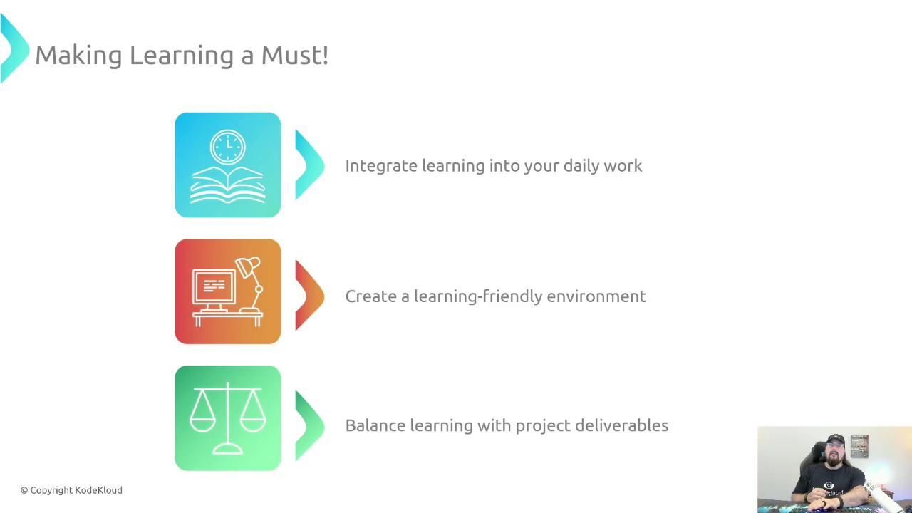 The image is a presentation slide titled "Making Learning a Must!" with three points: integrating learning into daily work, creating a learning-friendly environment, and balancing learning with project deliverables. There's also a person in the bottom right corner.