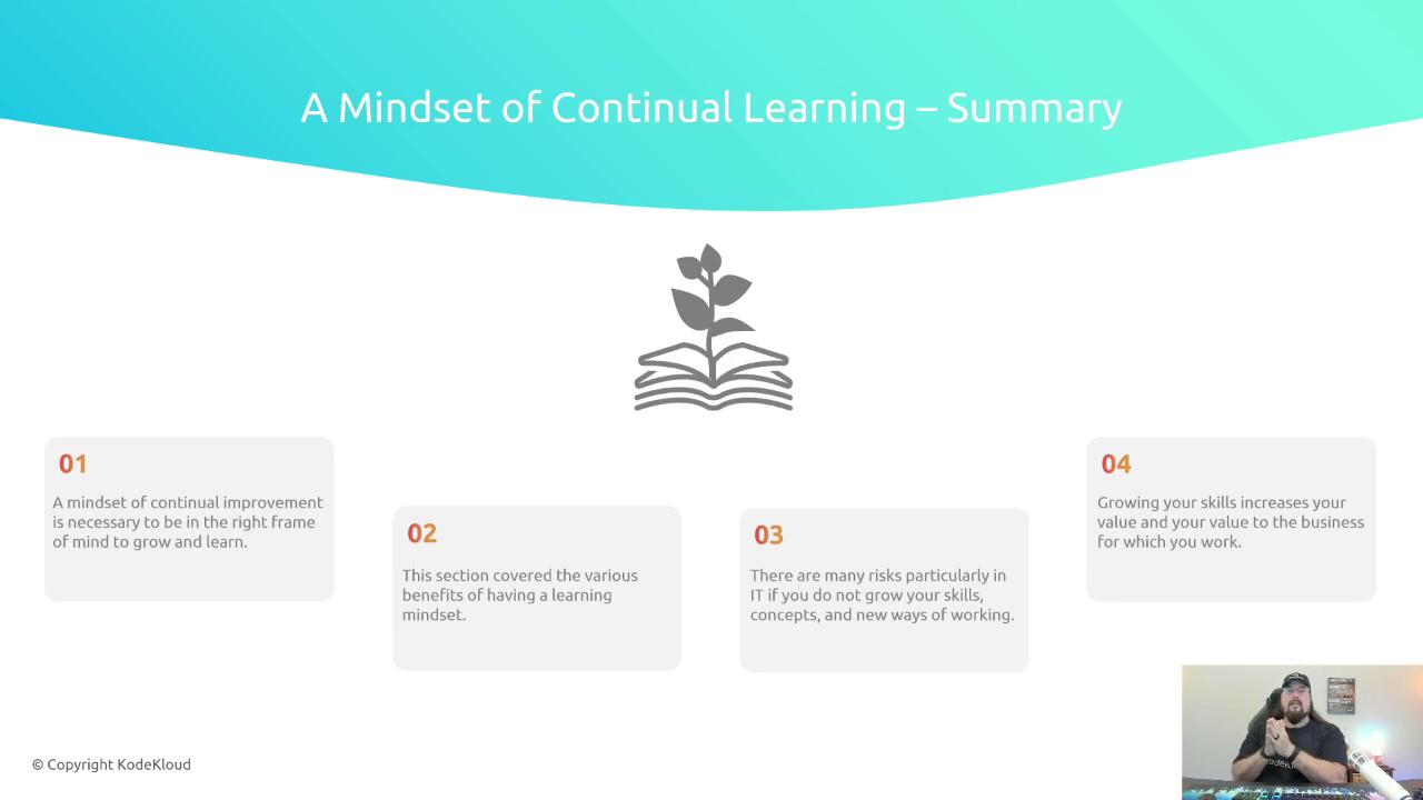 The image is a summary slide titled "A Mindset of Continual Learning," featuring four key points about the importance of continual improvement and skill growth. It includes an icon of a plant growing from a book and a small video thumbnail of a person speaking.