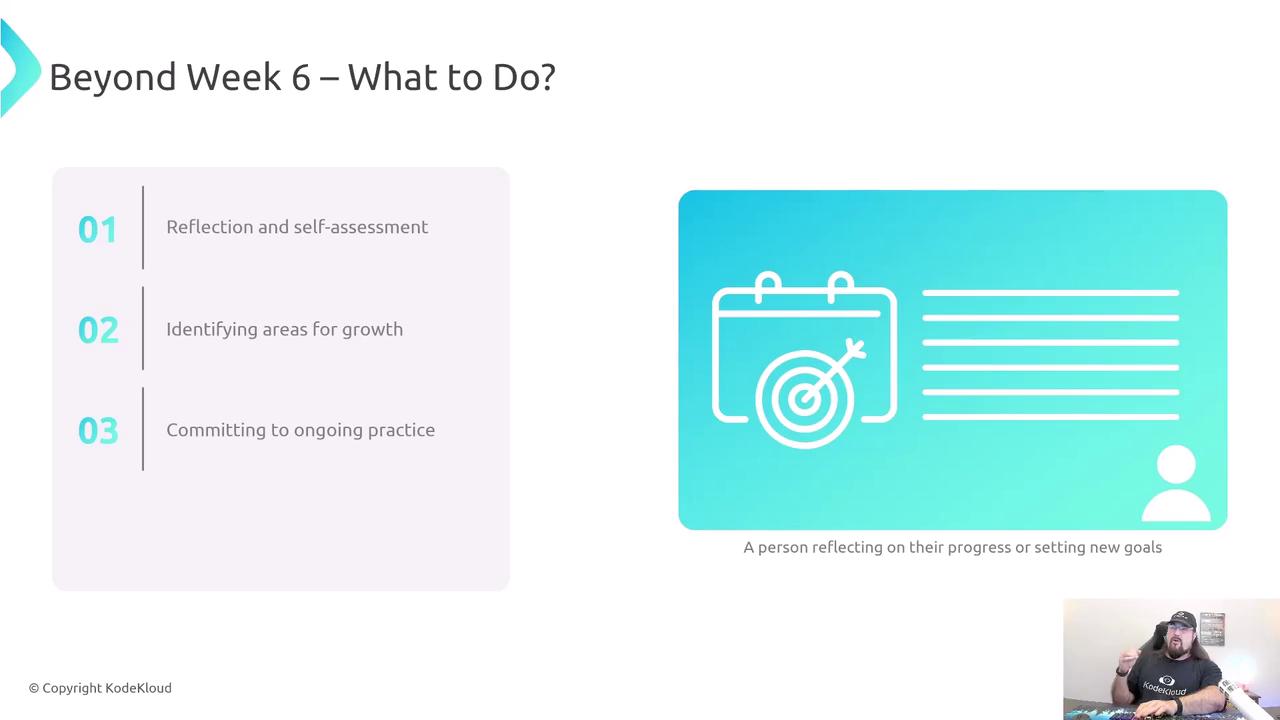 The image is a slide titled "Beyond Week 6 – What to Do?" with three steps: reflection and self-assessment, identifying areas for growth, and committing to ongoing practice. It includes an illustration of a calendar with a target and a person, and a small inset of a person speaking.