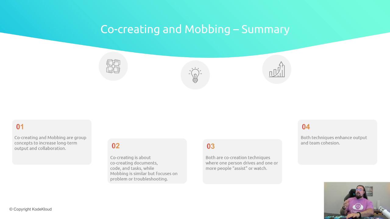 The image is a summary slide about "Co-creating and Mobbing," highlighting key points about these group concepts to enhance collaboration and output. It includes four main points and a small video thumbnail of a person speaking.
