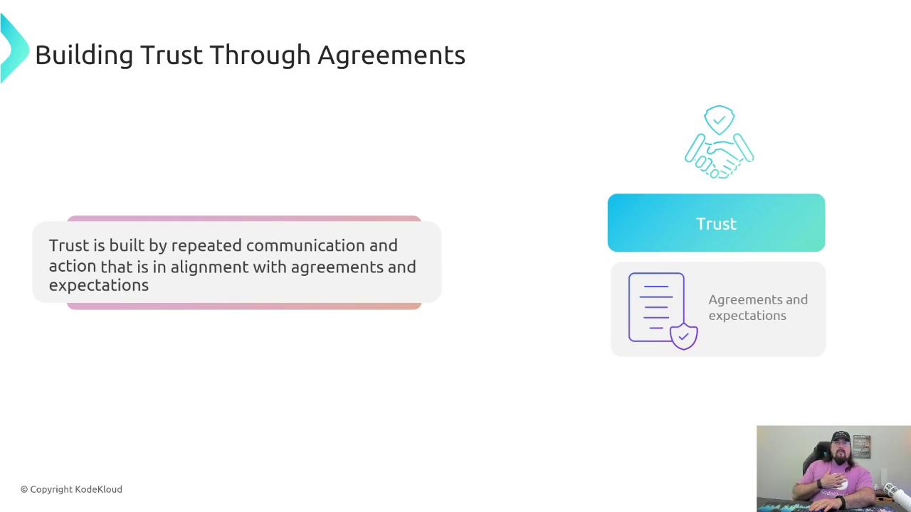 The image is a presentation slide titled "Building Trust Through Agreements," featuring a quote about trust and a diagram linking trust with agreements and expectations. There is also a small video thumbnail of a person speaking in the bottom right corner.