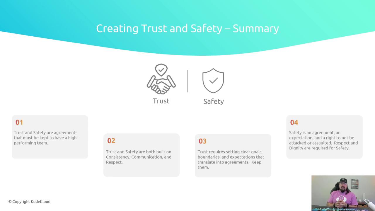 The image is a summary slide titled "Creating Trust and Safety," featuring icons for trust and safety, and four key points about building trust and safety in a team. There's also a small video thumbnail of a person speaking.