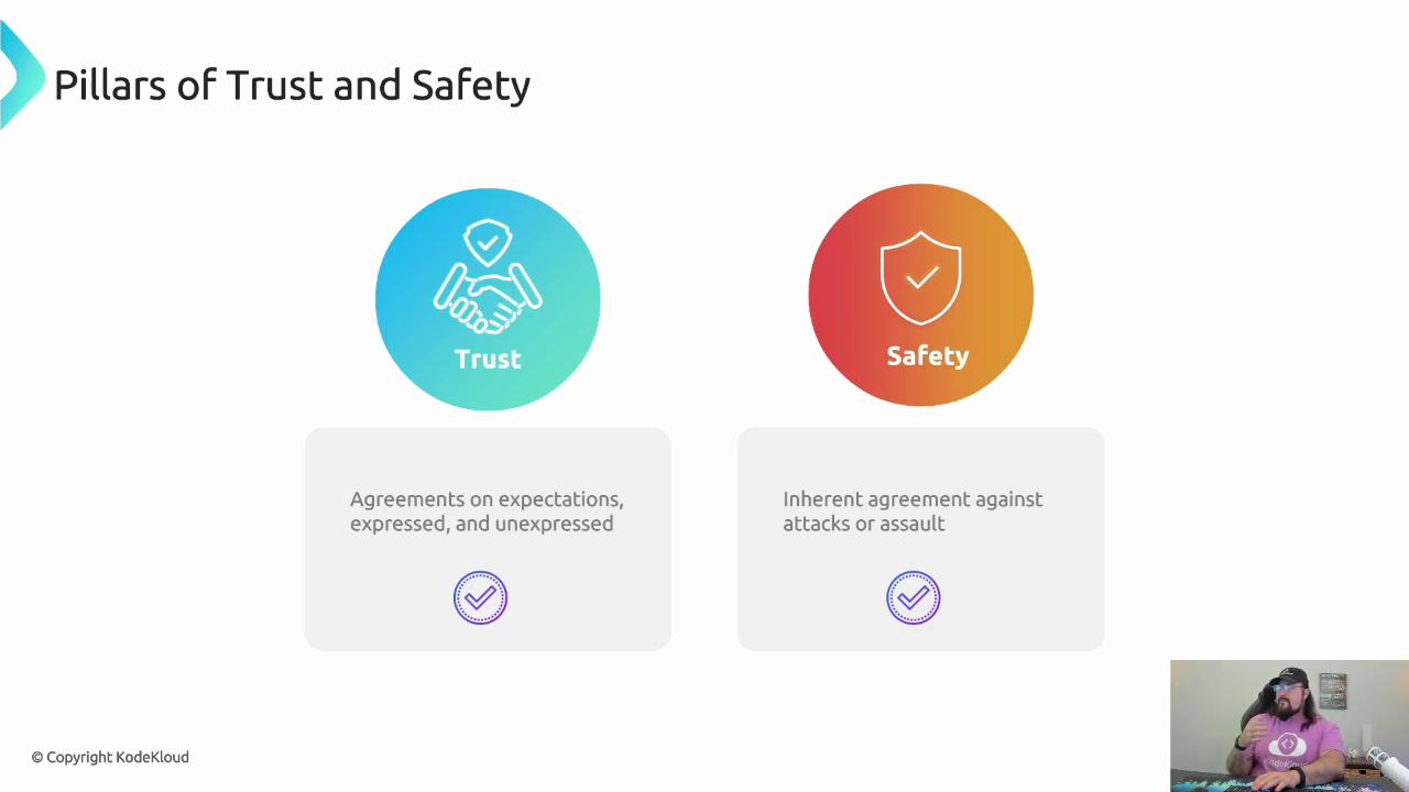 The image is a slide titled "Pillars of Trust and Safety," featuring two sections: "Trust" with a handshake icon and "Safety" with a shield icon, each with brief descriptions. In the bottom right corner, there's a person speaking into a microphone.