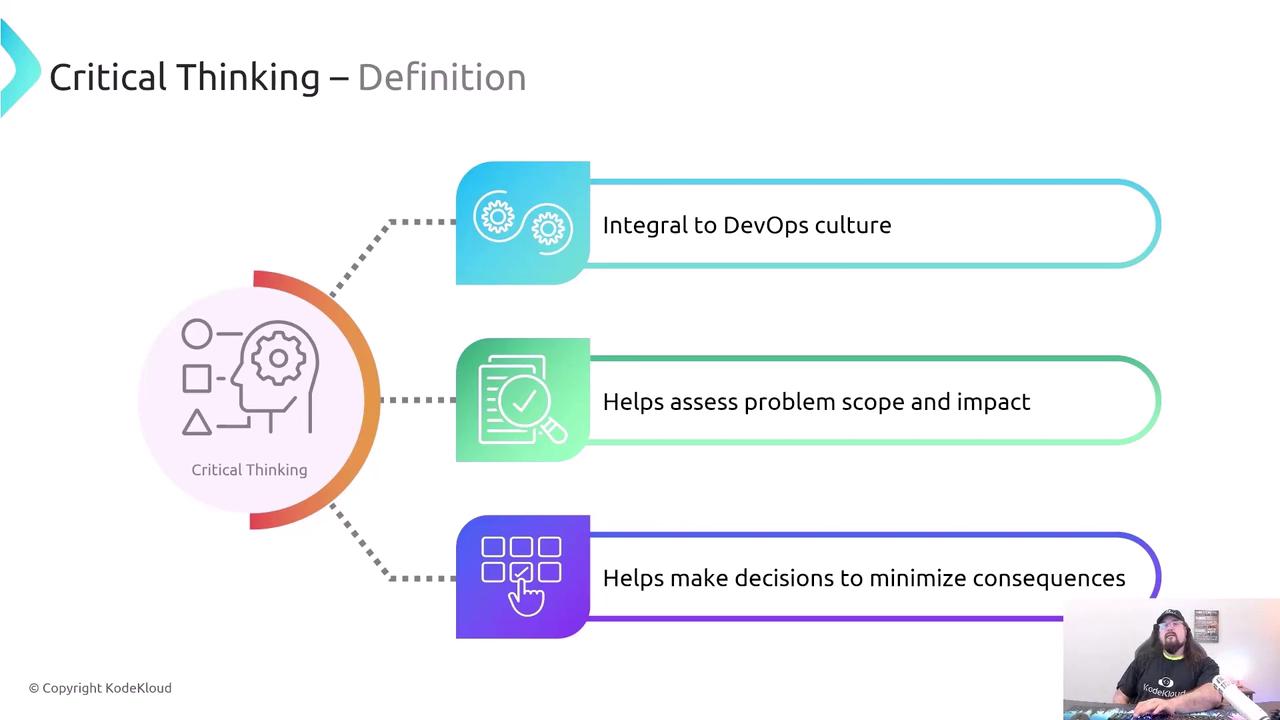 The image is a slide about critical thinking, highlighting its importance in DevOps culture, problem assessment, and decision-making. There is also a person in the bottom right corner.
