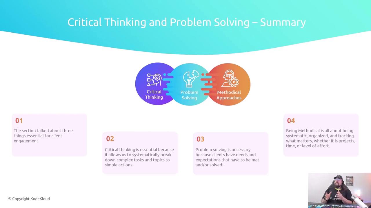 The image is a summary of critical thinking and problem-solving, highlighting three key components: critical thinking, problem solving, and methodical approaches, with brief descriptions of each. There is also a small video thumbnail of a person speaking in the bottom right corner.
