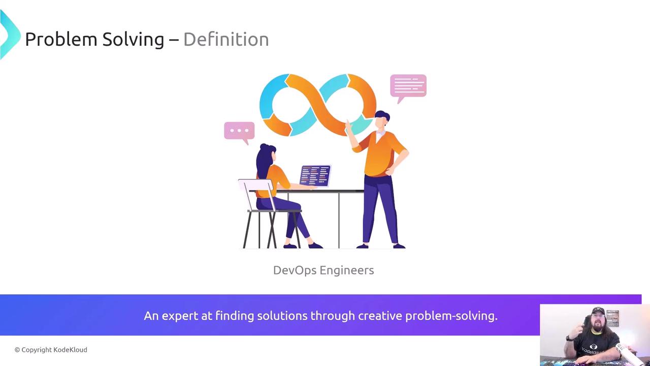 The image illustrates two people, labeled as DevOps Engineers, discussing at a table with a laptop, accompanied by a large infinity symbol. A caption below describes them as experts in creative problem-solving.
