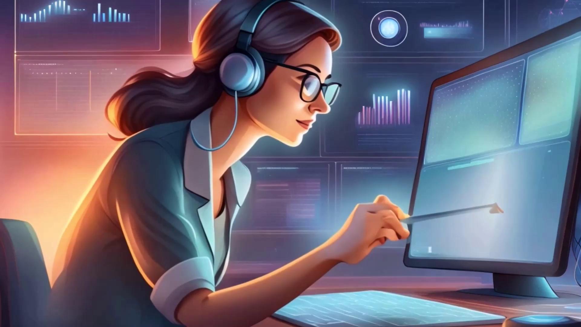 A person wearing headphones and glasses is focused on a computer screen, surrounded by digital data displays and graphs.