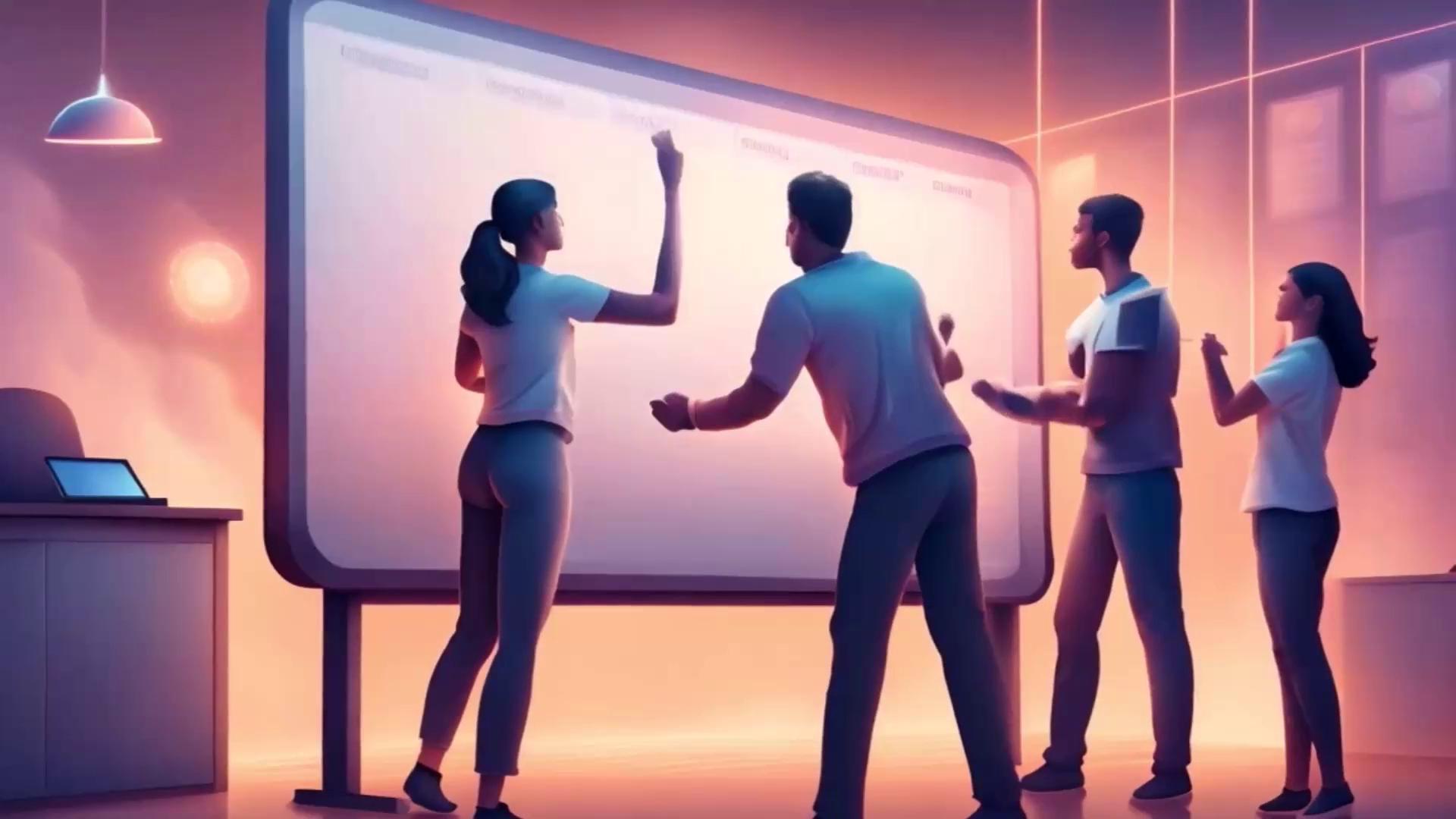 A group of people is collaborating in front of a large interactive screen in a modern, softly lit room. They appear to be engaged in a discussion or brainstorming session.