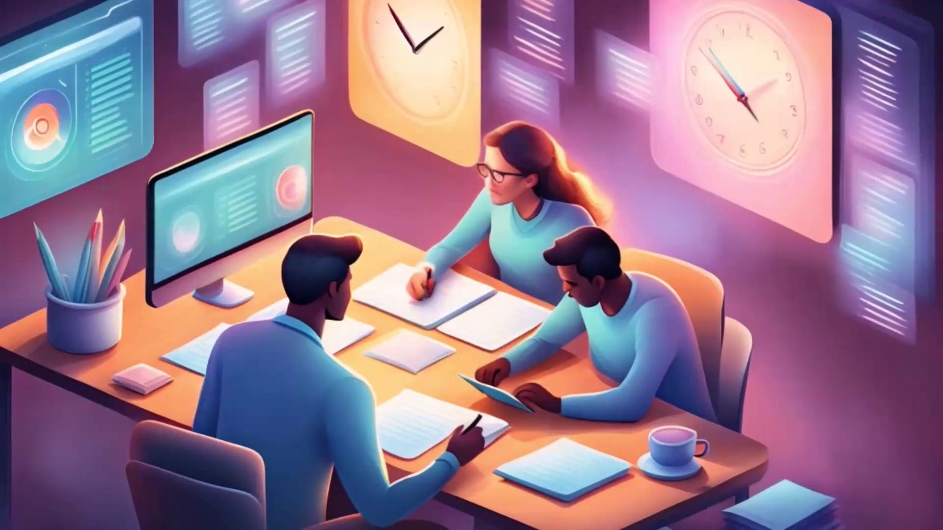The image depicts three people working together at a table with papers, a computer, and a cup of coffee, surrounded by digital screens and clocks on the walls. The setting has a futuristic and collaborative atmosphere.
