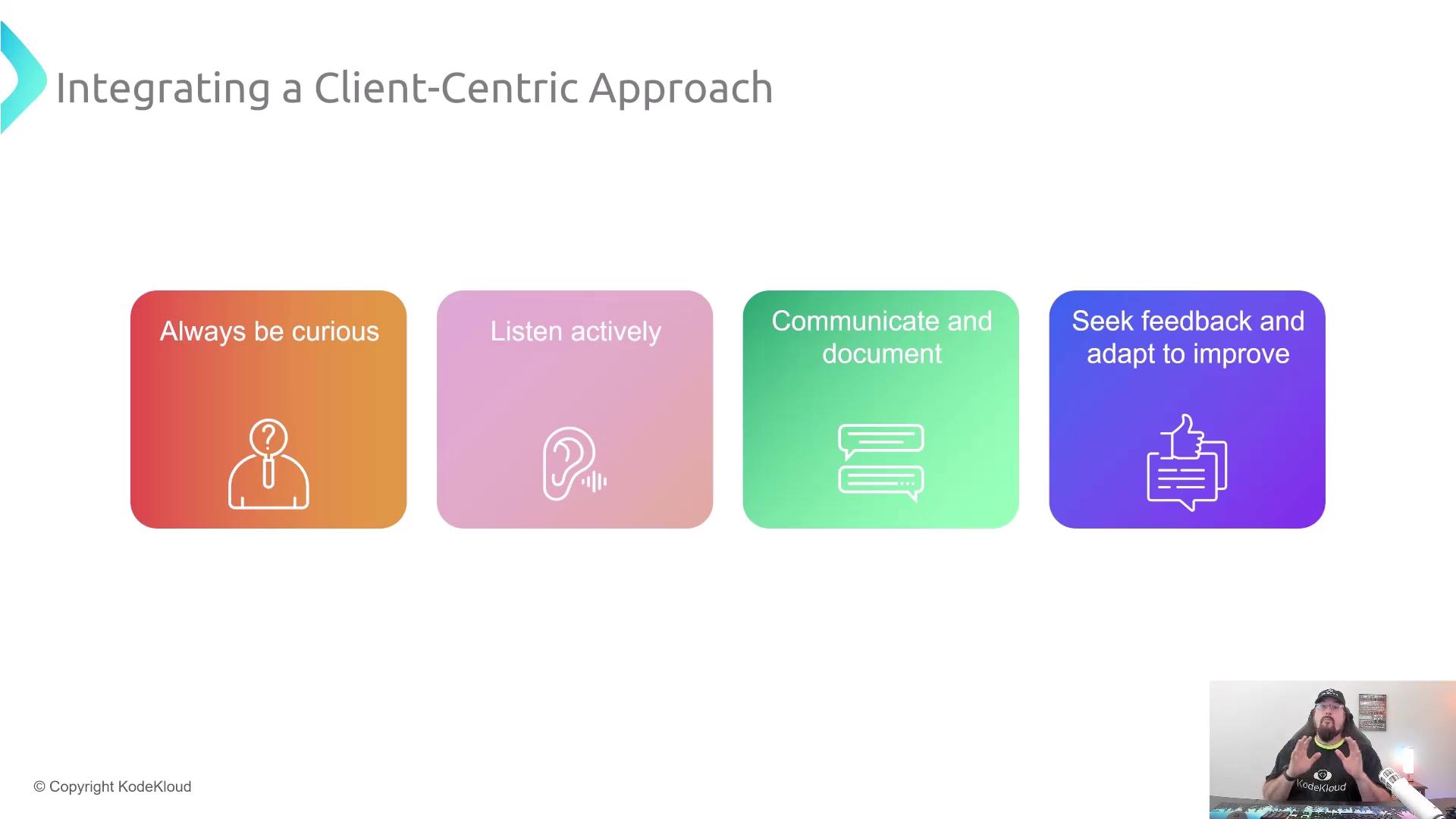 The image outlines a client-centric approach with four key principles: always be curious, listen actively, communicate and document, and seek feedback to improve. There's also a person in the bottom right corner.
