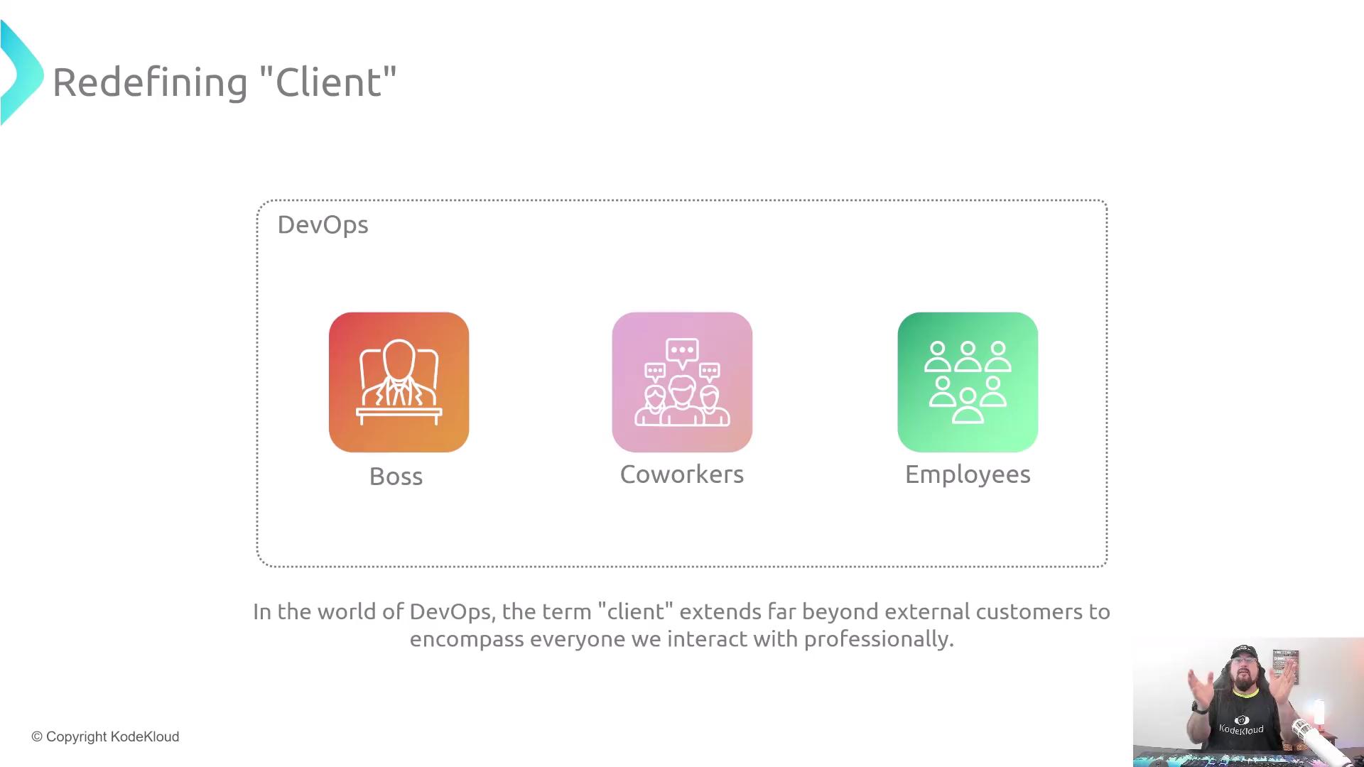 The image redefines the term "client" in DevOps to include bosses, coworkers, and employees, suggesting it encompasses everyone interacted with professionally.