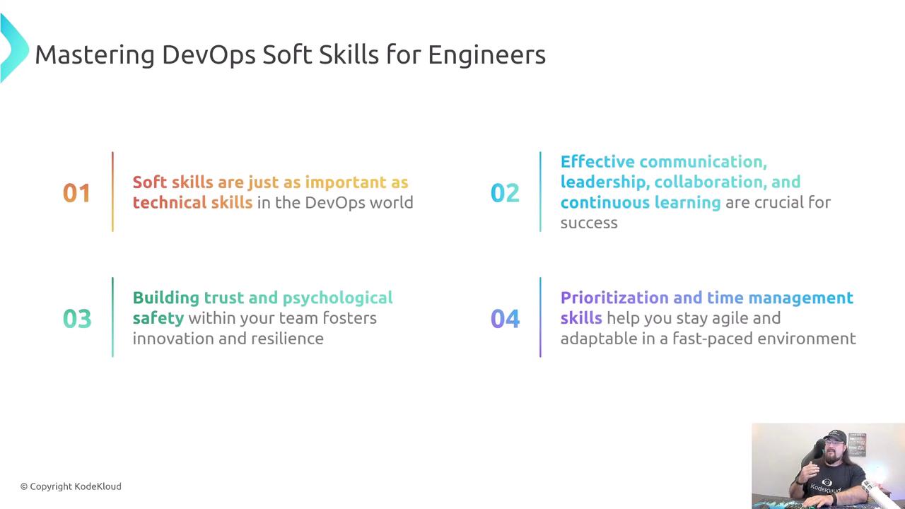 The image is a presentation slide titled "Mastering DevOps Soft Skills for Engineers," highlighting the importance of soft skills such as communication, leadership, trust, and time management. There is also a small inset of a person speaking in the bottom right corner.