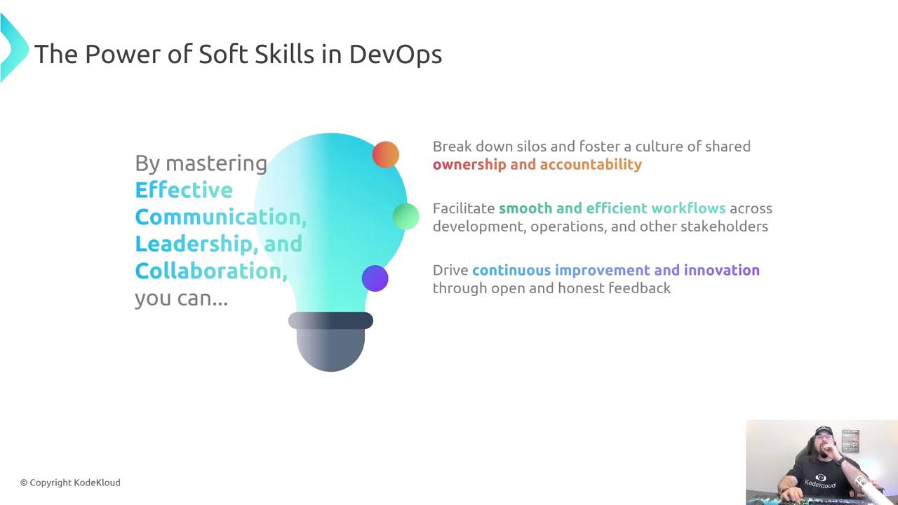 The image is a presentation slide titled "The Power of Soft Skills in DevOps," highlighting the importance of effective communication, leadership, and collaboration in fostering ownership, efficient workflows, and continuous improvement. There's also a person in the bottom right corner.