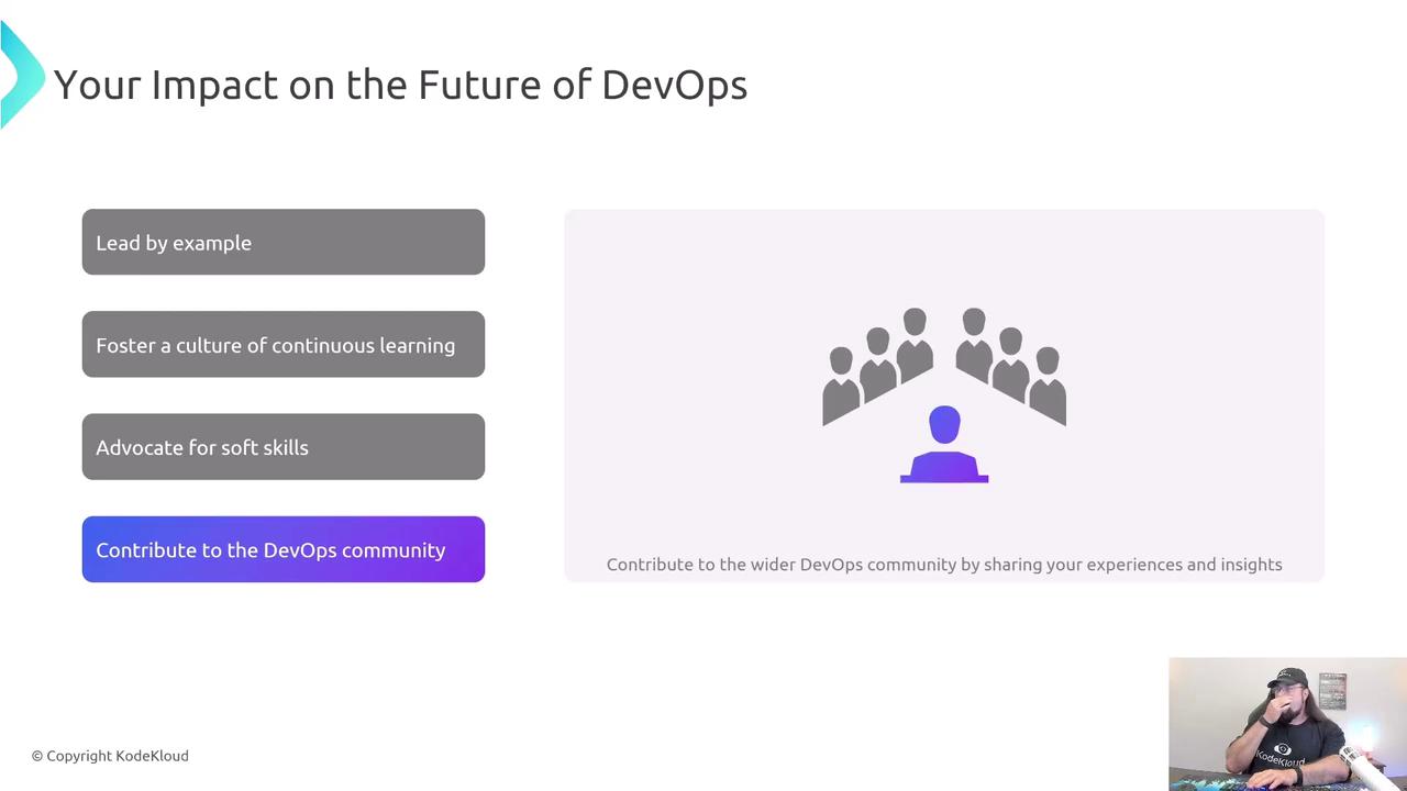 The image is a presentation slide titled "Your Impact on the Future of DevOps," listing actions like leading by example and contributing to the community. It includes an illustration of a person addressing a group and a small video of a person in the bottom right corner.