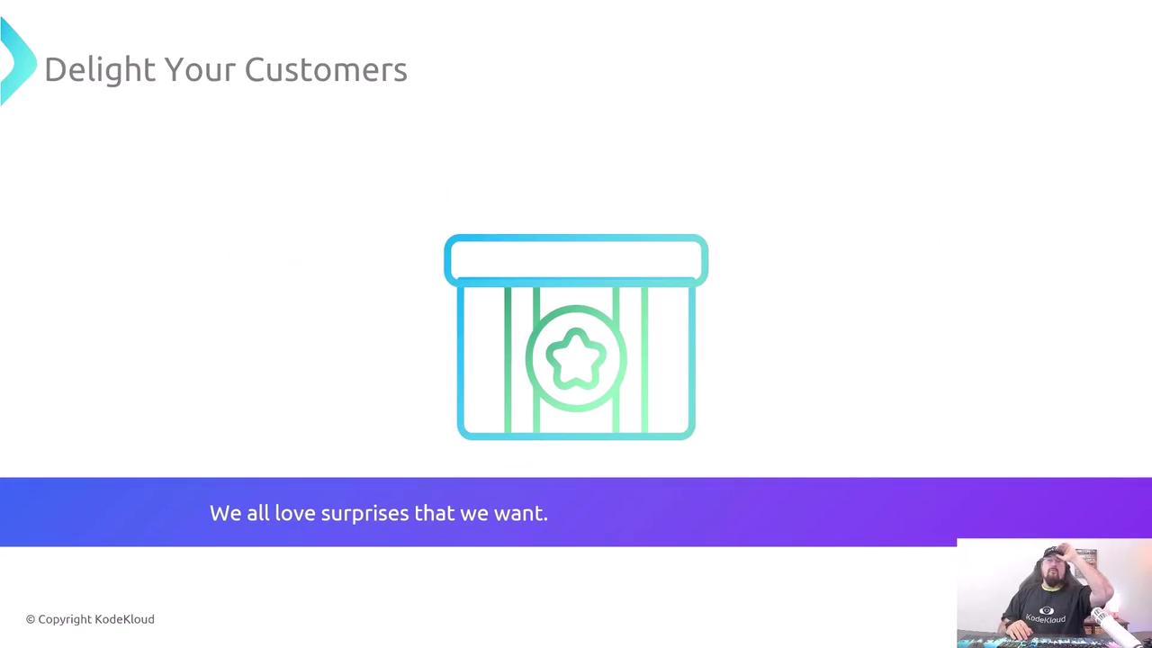 The image features a presentation slide with the title "Delight Your Customers" and an icon of a gift box with a star. There's a caption saying, "We all love surprises that we want," and a small inset of a person in the bottom right corner.