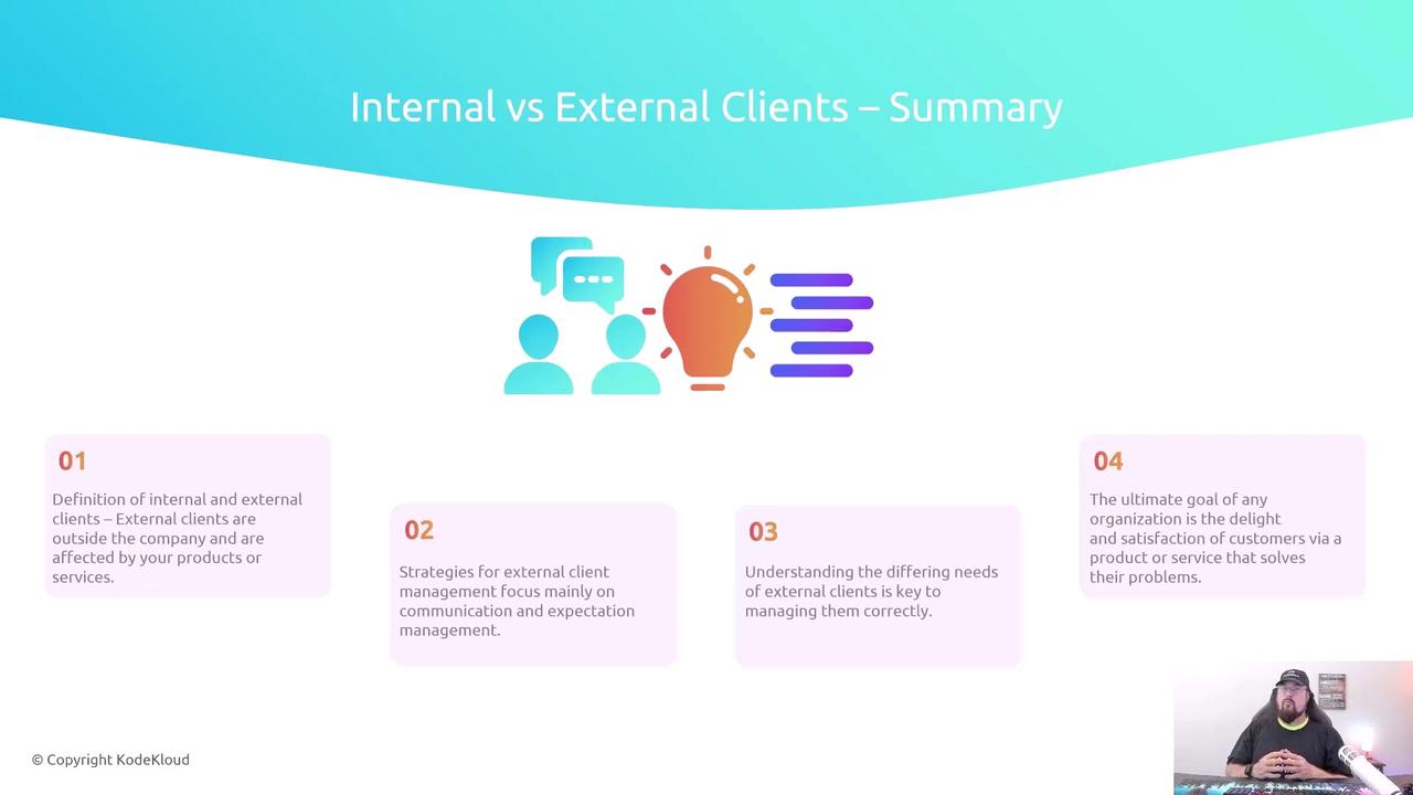 The image is a summary slide titled "Internal vs External Clients," featuring four key points about client management, with an illustration of communication and ideas. There's also a person in the bottom right corner.