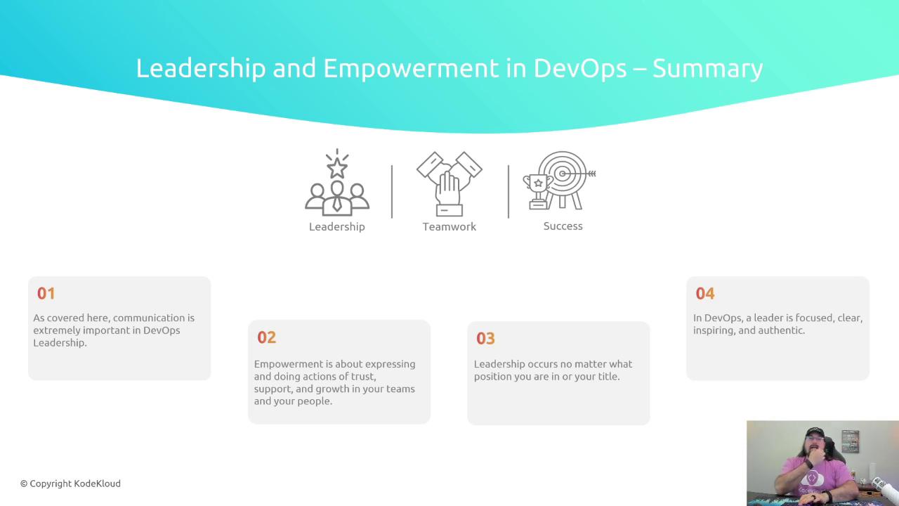 The image is a summary slide titled "Leadership and Empowerment in DevOps," highlighting key points about communication, empowerment, leadership, and qualities of a leader. It includes icons for leadership, teamwork, and success, along with a small image of a person in the bottom right corner.