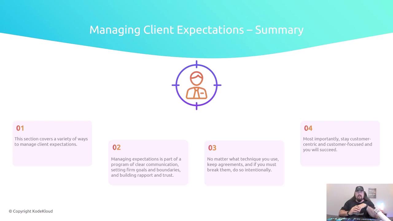 The image is a presentation slide titled "Managing Client Expectations – Summary," featuring four key points on managing client expectations, with a small video of a person speaking in the bottom right corner.
