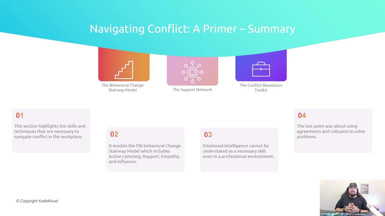 The image is a summary slide titled "Navigating Conflict: A Primer – Summary," featuring key points about conflict resolution techniques, including the Behavioral Change Stairway Model, the Support Network, and the Conflict Resolution Toolkit. There is also a small image of a person in the bottom right corner.