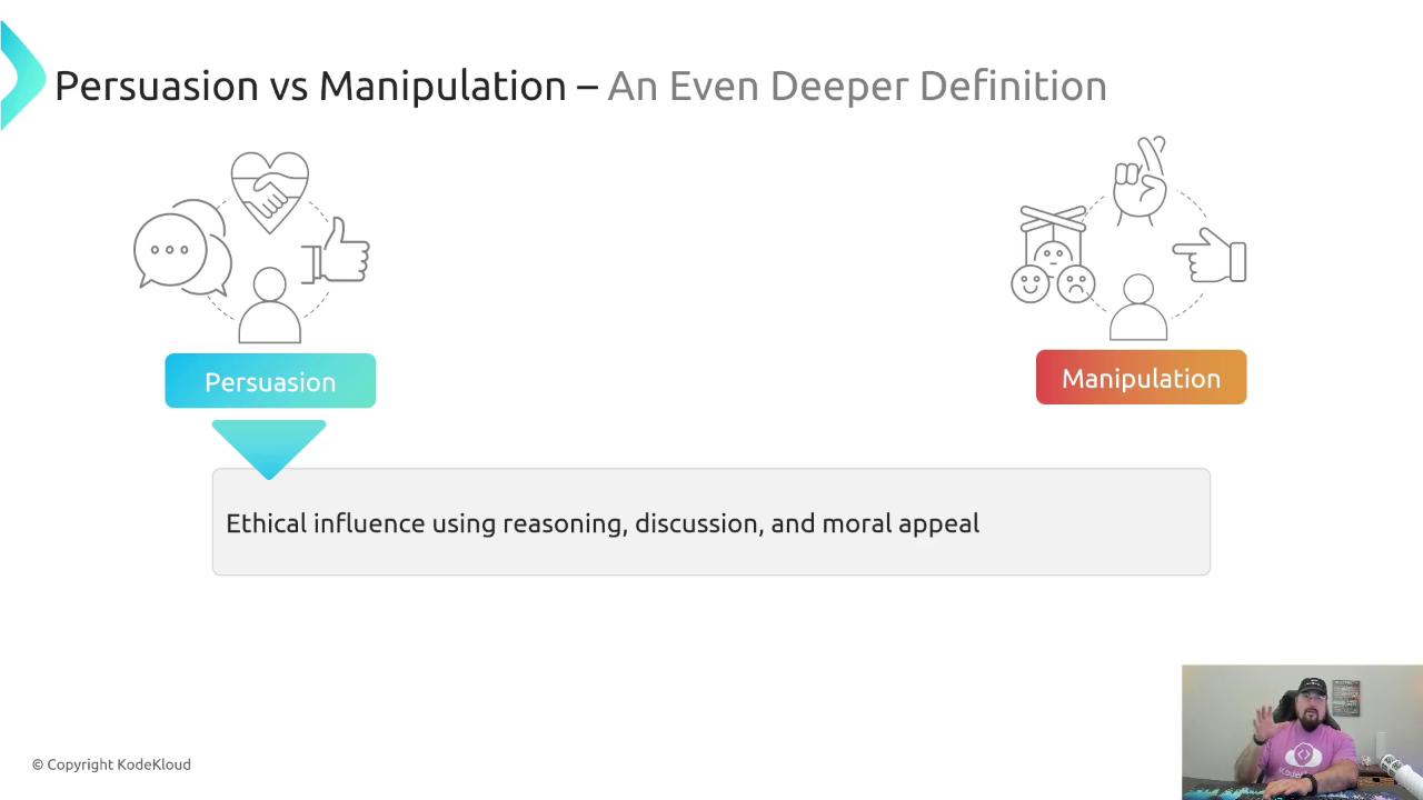 The image contrasts persuasion and manipulation, highlighting persuasion as ethical influence using reasoning, discussion, and moral appeal. It includes icons representing each concept and a small inset of a person speaking.