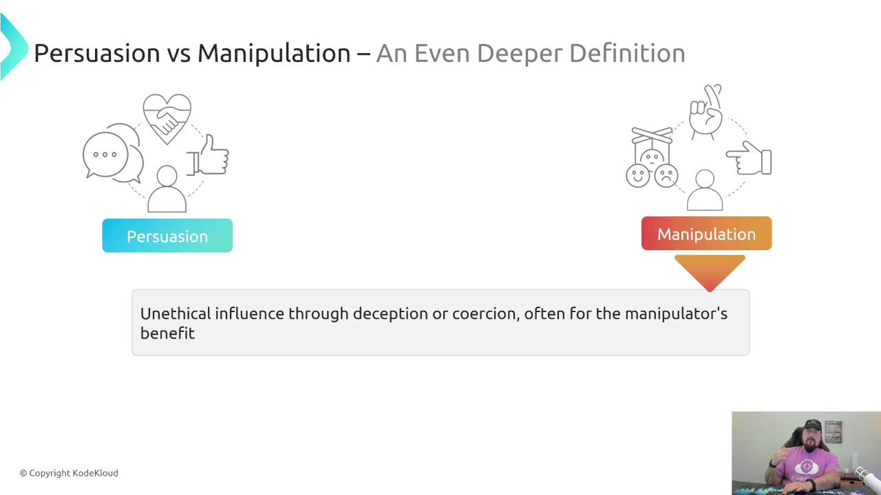 The image contrasts persuasion and manipulation, with icons representing each concept and a definition of manipulation as "unethical influence through deception or coercion, often for the manipulator's benefit."