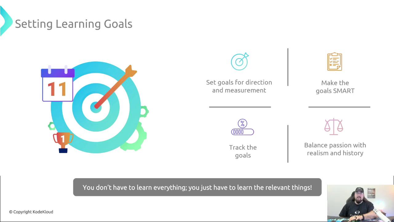 The image is a presentation slide about setting learning goals, featuring a target with an arrow and icons representing goal-setting strategies. It includes tips like making goals SMART and balancing passion with realism, along with a motivational quote at the bottom.