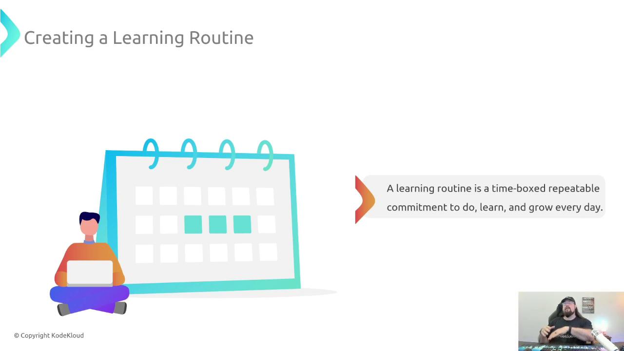 The image features a person sitting with a laptop next to a calendar illustration, accompanied by text about creating a learning routine.